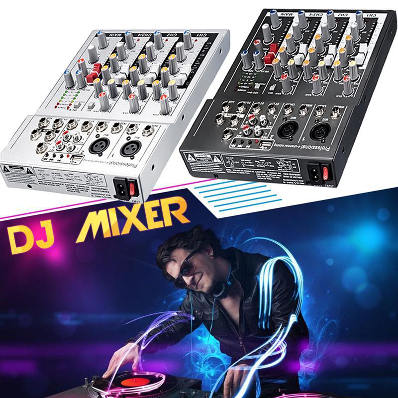 US plug black Mini Karaoke Audio Mixer Amplifier Professional Microphone Mixing Sound Console 4 Channel USB 48V Phantom Power