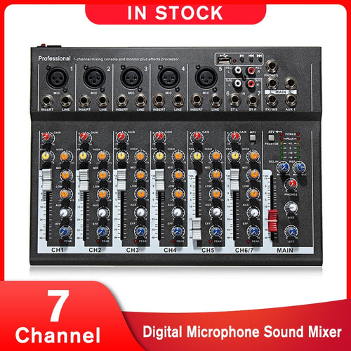 LEORY 7 Channel Digital Microphone Sound Mixer Console 48V Phantom Power Professional Karaoke Audio Mixer Amplifier With USB