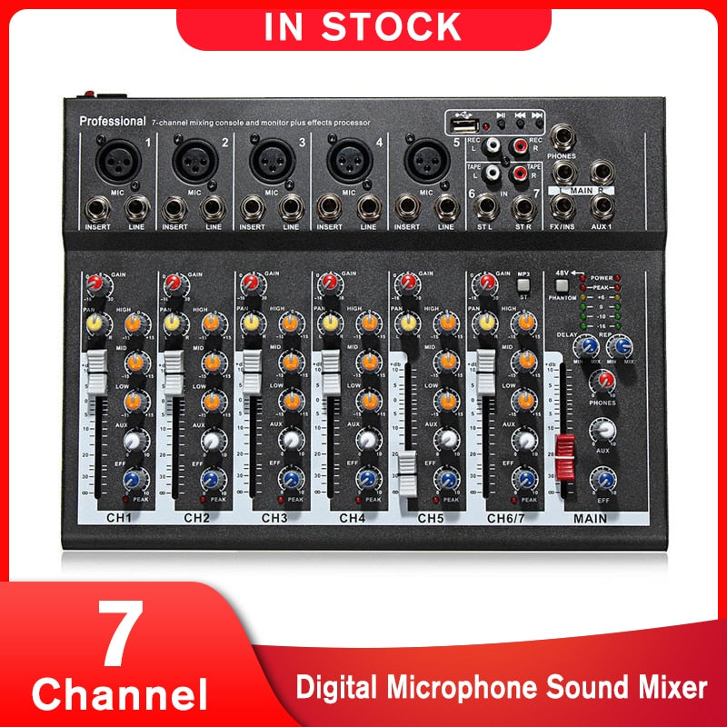 LEORY 7 Channel Digital Microphone Sound Mixer Console 48V Phantom Power Professional Karaoke Audio Mixer Amplifier With USB