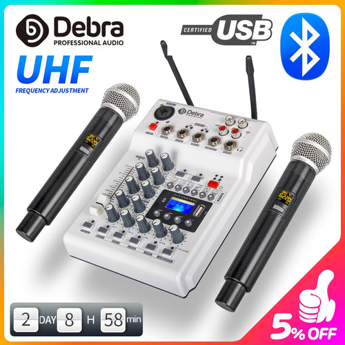 Debra Audio DJ Console Mixer Soundcard with 2channel UHF wireless microphone for Home Studio Recording DJ Network Live Karaoke